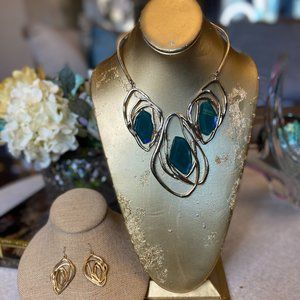 Teal glass metal gold rock earrings & necklace